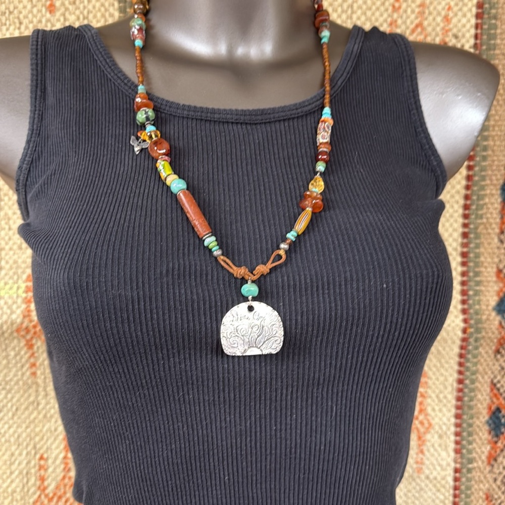 Jes MaHarry “Shine On” silver, amber, turquoise, trade bead necklace.